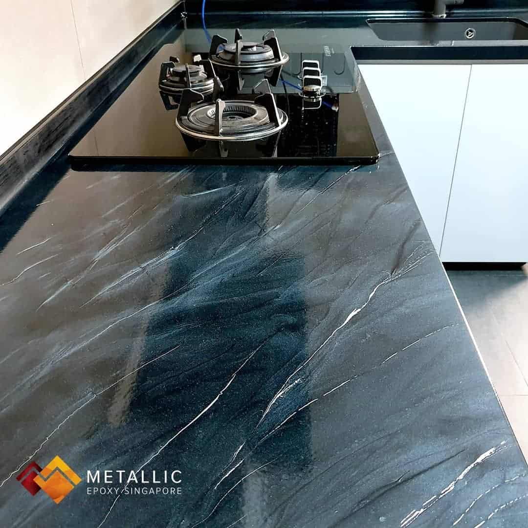metallic epoxy coated countertop black white design